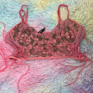 Nasty Gal Collection Embroidered Floral Sheer Lace Up Sexy Crop Top M
